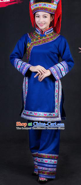 Chinese Traditional Lhoba Nationality Stage Show Royalblue Dress Ethnic Minority Folk Dance Costume for Women