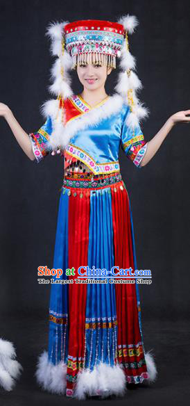 Chinese Traditional Tajik Nationality Stage Show Blue Dress Ethnic Minority Folk Dance Costume for Women