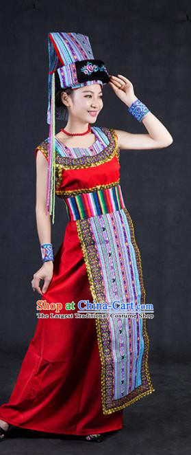 Chinese Traditional Drung Nationality Stage Show Red Dress Ethnic Minority Folk Dance Costume for Women