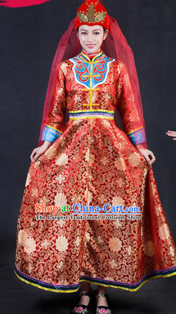 Chinese Traditional Ewenki Nationality Stage Show Wedding Red Dress Ethnic Minority Folk Dance Costume for Women