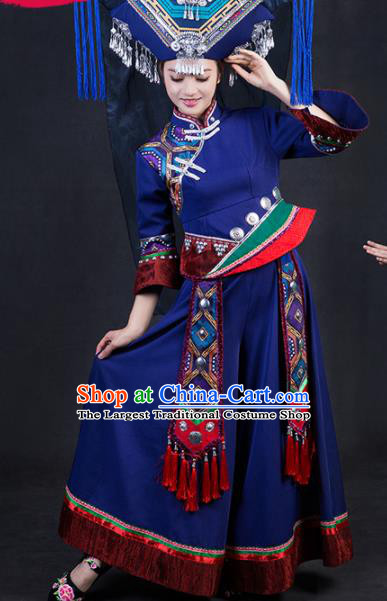 Chinese Traditional Zhuang Nationality Stage Show Navy Dress Ethnic Minority Folk Dance Costume for Women