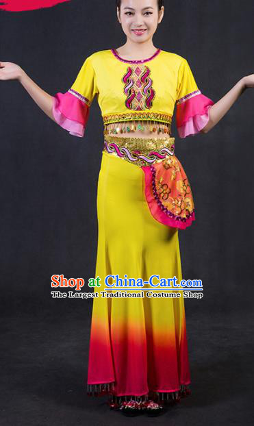 Chinese Traditional Dai Nationality Stage Show Yellow Dress Ethnic Minority Folk Dance Costume for Women