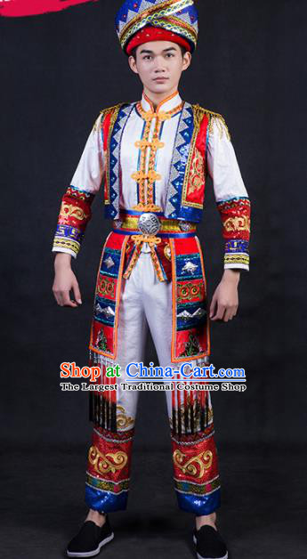 Chinese Traditional Zhuang Nationality Festival Compere White Outfits Ethnic Minority Folk Dance Stage Show Costume for Men