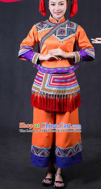 Chinese Traditional Yao Nationality Stage Show Orange Outfits Ethnic Minority Folk Dance Costume for Women