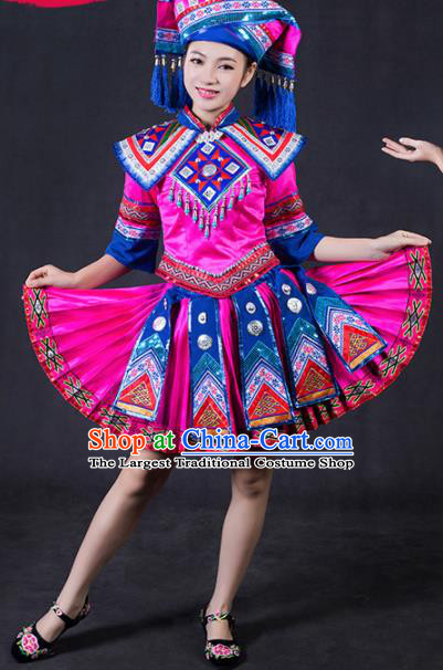 Chinese Traditional Zhuang Nationality Stage Show Rosy Short Dress Ethnic Minority Folk Dance Costume for Women