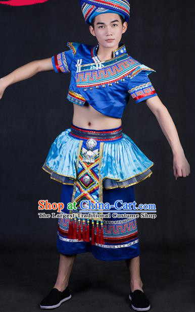 Chinese Traditional Zhuang Nationality Festival Compere Deep Blue Outfits Ethnic Minority Folk Dance Stage Show Costume for Men