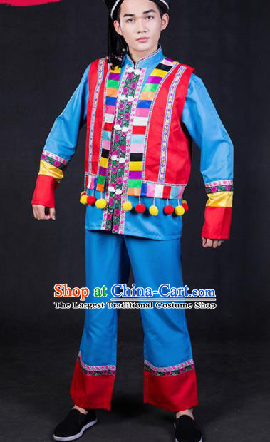 Chinese Traditional Yao Nationality Festival Compere Blue Outfits Ethnic Minority Folk Dance Stage Show Costume for Men