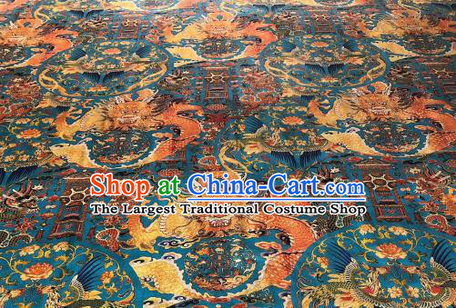 Asian Chinese Traditional Dragon Phoenix Pattern Design Blue Gambiered Guangdong Gauze Fabric Silk Material