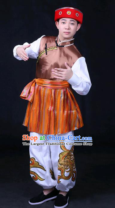 Chinese Traditional Moinba Nationality Festival Compere Brown Outfits Ethnic Minority Folk Dance Stage Show Costume for Men