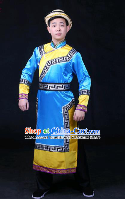 Chinese Traditional Yughur Nationality Festival Compere Blue Outfits Ethnic Minority Folk Dance Stage Show Costume for Men