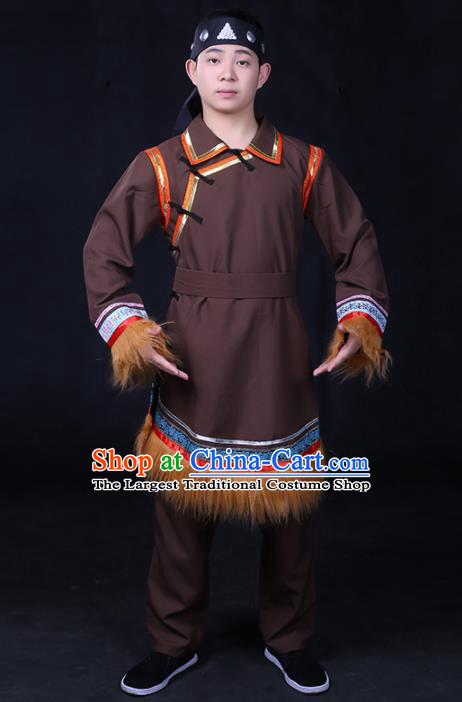 Chinese Traditional Ewenki Nationality Compere Brown Outfits Ethnic Minority Folk Dance Stage Show Festival Costume for Men