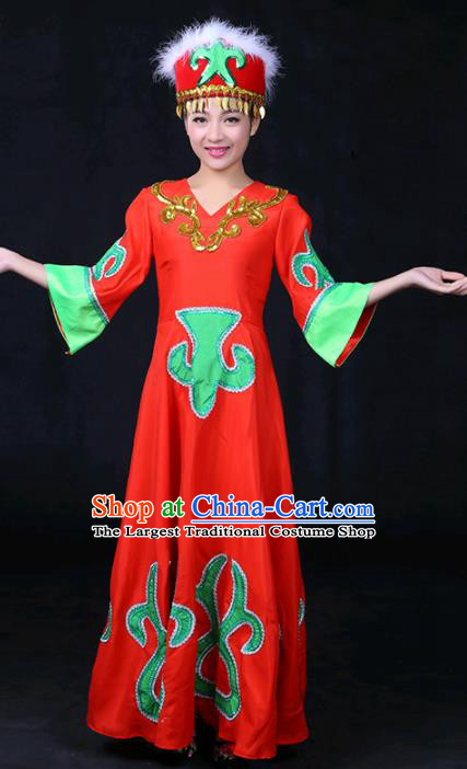 Chinese Traditional Daur Nationality Stage Show Red Dress Ethnic Minority Folk Dance Costume for Women