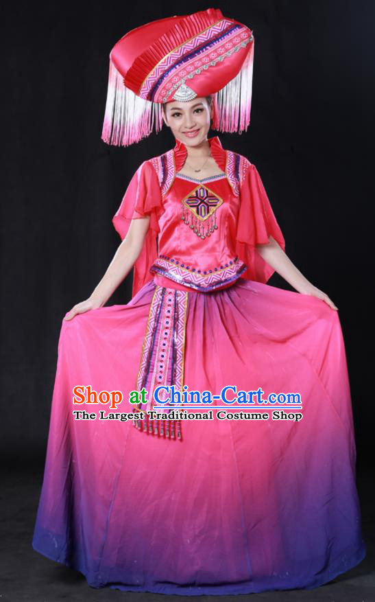 Chinese Traditional Zhuang Nationality Rosy Long Dress Ethnic Minority Folk Dance Stage Show Costume for Women