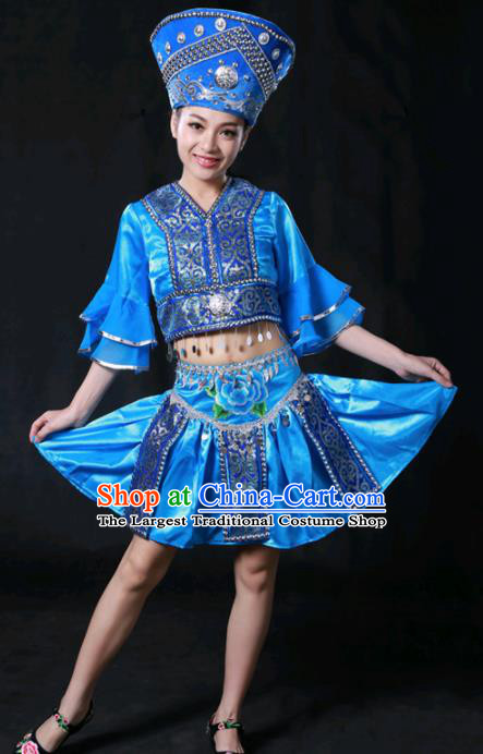 Chinese Traditional Russian Nationality Blue Short Dress Ethnic Minority Folk Dance Stage Show Costume for Women