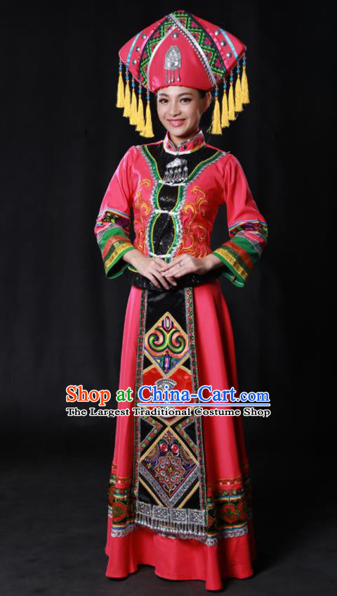 Chinese Traditional Guangxi Zhuang Nationality Rosy Dress Ethnic Minority Folk Dance Stage Show Costume for Women