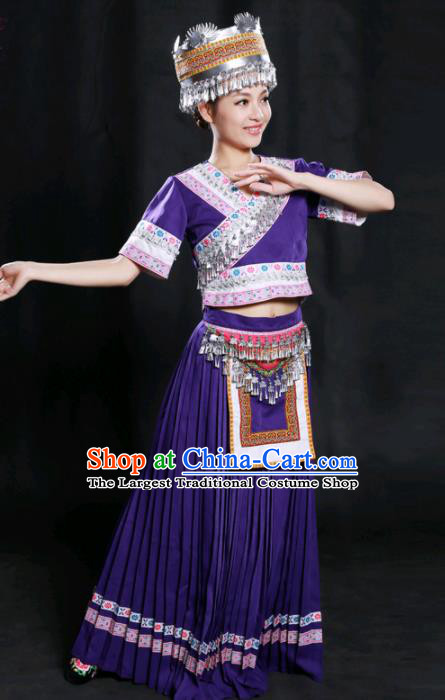 Chinese Traditional Miao Nationality Purple Long Dress Ethnic Minority Folk Dance Stage Show Costume for Women