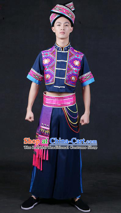 Chinese Traditional Zhuang Nationality Navy Outfits Ethnic Minority Folk Dance Stage Show Compere Festival Costume for Men