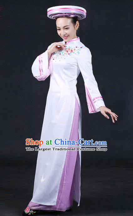 Chinese Traditional Jing Nationality Stage Show White Qipao Dress Ethnic Minority Folk Dance Costume for Women