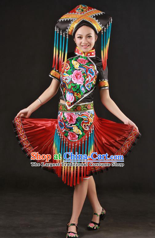 Chinese Traditional Zhuang Nationality Embroidered Short Dress Ethnic Minority Folk Dance Stage Show Costume for Women