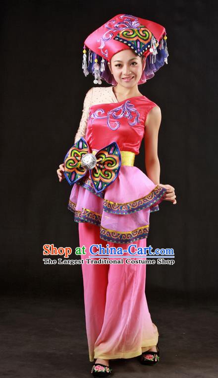 Chinese Traditional Zhuang Nationality Rosy Outfits Ethnic Minority Folk Dance Stage Show Costume for Women