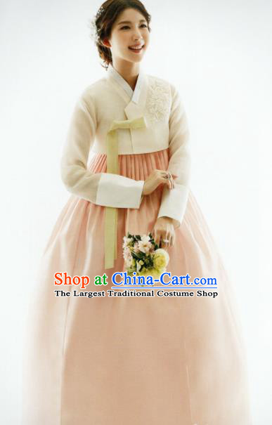 Korean Traditional Hanbok Bride White Blouse and Pink Dress Outfits Asian Korea Fashion Costume for Women