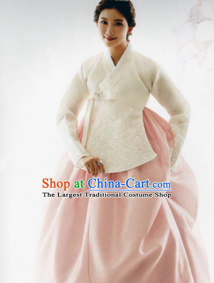 Korean Traditional Hanbok Bride White Blouse and Pink Dress Outfits Asian Korea Wedding Fashion Costume for Women