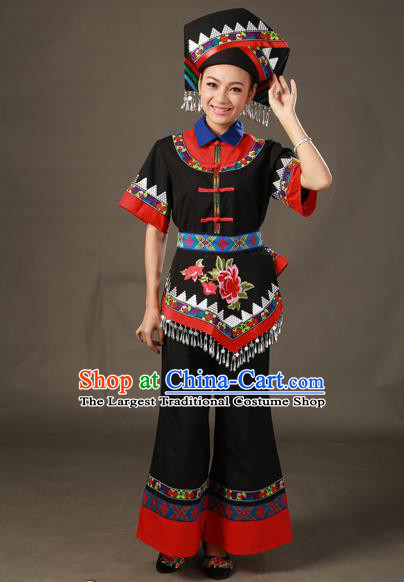 Chinese Traditional Zhuang Nationality Black Outfits Ethnic Minority Folk Dance Stage Show Costume for Women