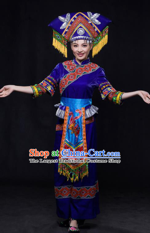 Chinese Traditional Guangxi Zhuang Nationality Royalblue Outfits Ethnic Minority Folk Dance Stage Show Costume for Women