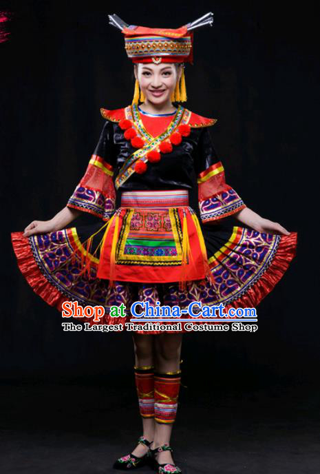 Chinese Traditional Yao Nationality Short Dress Ethnic Minority Folk Dance Stage Show Costume for Women