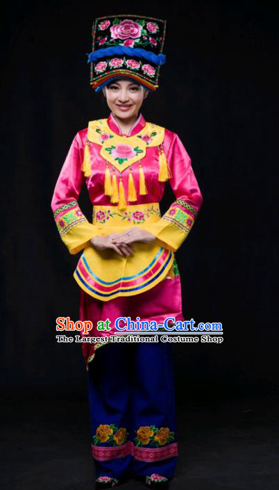 Chinese Traditional Qiang Nationality Rosy Outfits Ethnic Minority Folk Dance Stage Show Costume for Women