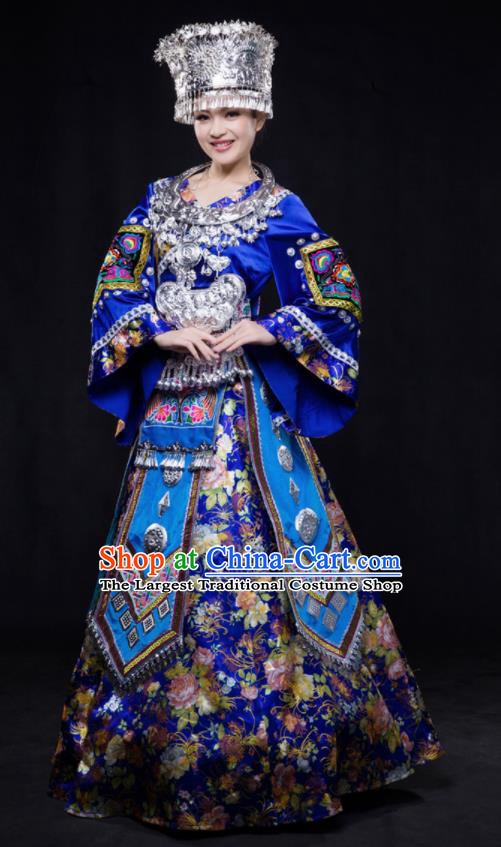 Chinese Traditional Miao Nationality Wedding Royalblue Dress Ethnic Minority Folk Dance Stage Show Costume for Women