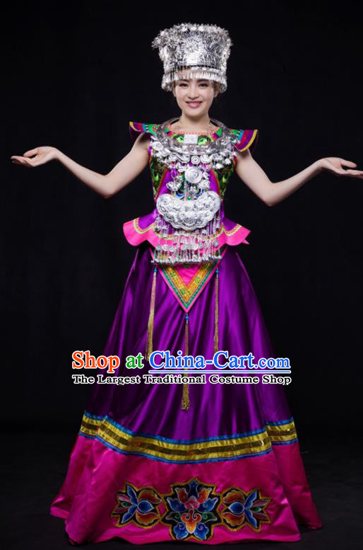 Chinese Traditional Miao Nationality Wedding Purple Dress Ethnic Minority Folk Dance Stage Show Costume for Women