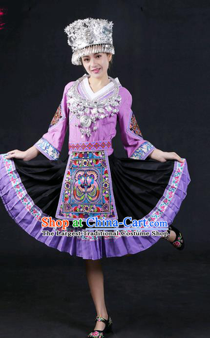 Chinese Traditional Miao Nationality Stage Show Lilac Short Dress Ethnic Minority Folk Dance Costume for Women