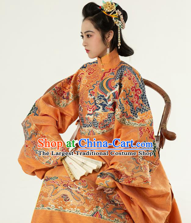 Traditional Chinese Ming Dynasty Empress Golden Embroidered Dress Ancient Royal Queen Costumes for Women