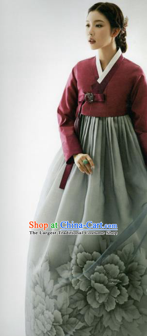 Korean Traditional Hanbok Mother Wine Red Blouse and Printing Peony Grey Dress Outfits Asian Korea Wedding Fashion Costume for Women