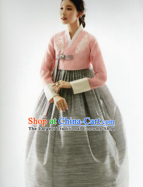 Korean Traditional Hanbok Princess Embroidered Pink Blouse and Grey Dress Outfits Asian Korea Fashion Costume for Women