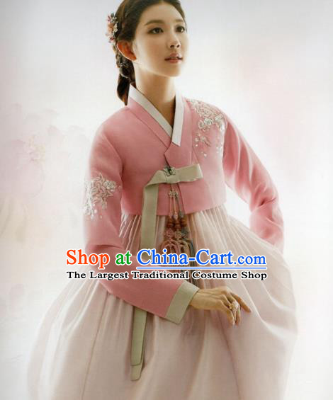 Korean Traditional Hanbok Princess Embroidered Pink Blouse and Dress Outfits Asian Korea Fashion Costume for Women