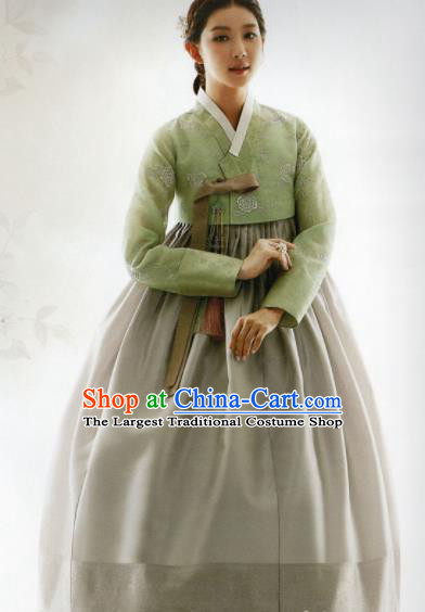 Korean Traditional Hanbok Princess Green Blouse and Grey Satin Dress Outfits Asian Korea Fashion Costume for Women