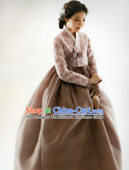 Korean Traditional Hanbok Mother Pink Blouse and Brown Satin Dress Outfits Asian Korea Fashion Costume for Women
