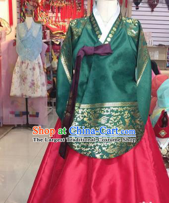 Korean Traditional Hanbok Court Mother Green Tang Blouse and Red Satin Dress Outfits Asian Korea Fashion Costume for Women