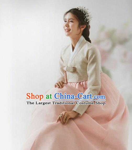 Korean Traditional Hanbok Wedding Bride Beige Blouse and Pink Dress Outfits Asian Korea Fashion Costume for Women