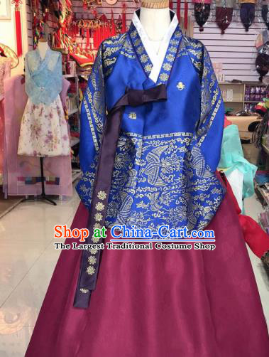 Korean Traditional Hanbok Court Mother Royalblue Tang Blouse and Wine Red Satin Dress Outfits Asian Korea Fashion Costume for Women