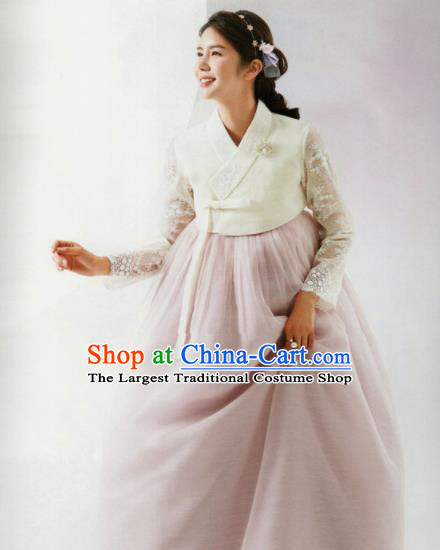 Korean Traditional Hanbok Bride White Lace Blouse and Pink Dress Outfits Asian Korea Wedding Fashion Costume for Women