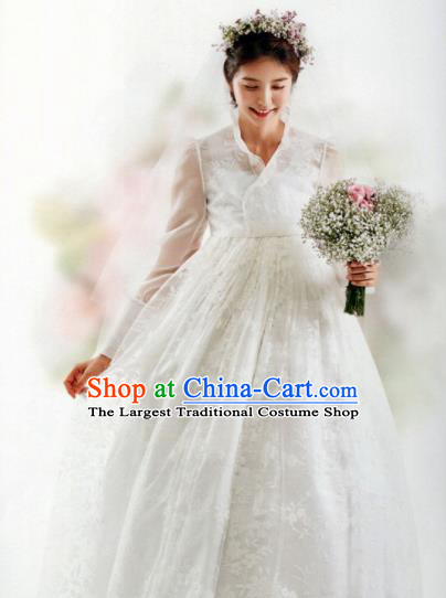 Korean Traditional Hanbok Bride White Veil Blouse and Dress Outfits Asian Korea Wedding Fashion Costume for Women