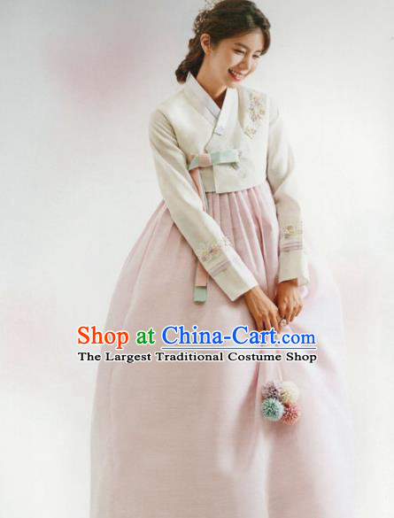 Korean Traditional Hanbok Bride White Blouse and Pink Dress Outfits Asian Korea Wedding Fashion Costume for Women