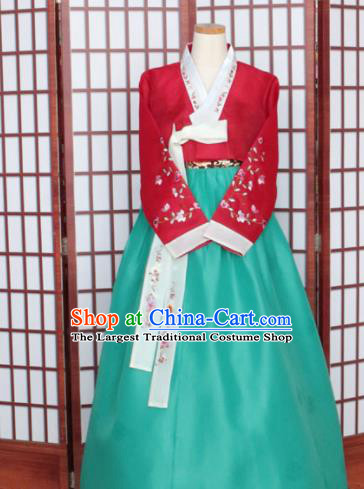 Korean Traditional Hanbok Red Blouse and Green Dress Outfits Asian Korea Wedding Fashion Costume for Women