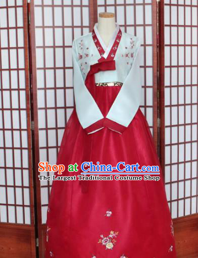 Korean Traditional Hanbok Light Blue Blouse and Red Dress Outfits Asian Korea Wedding Fashion Costume for Women