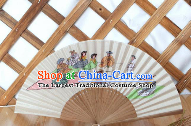 Korean Traditional Wood Folding Fan Asian Korea Folk Printing Paper Fans for Women