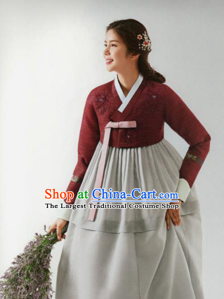 Korean Traditional Hanbok Wedding Mother Dark Red Blouse and Grey Dress Outfits Asian Korea Fashion Costume for Women