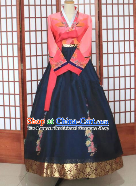 Korean Traditional Garment Hanbok Pink Blouse and Navy Dress Outfits Asian Korea Fashion Costume for Women
